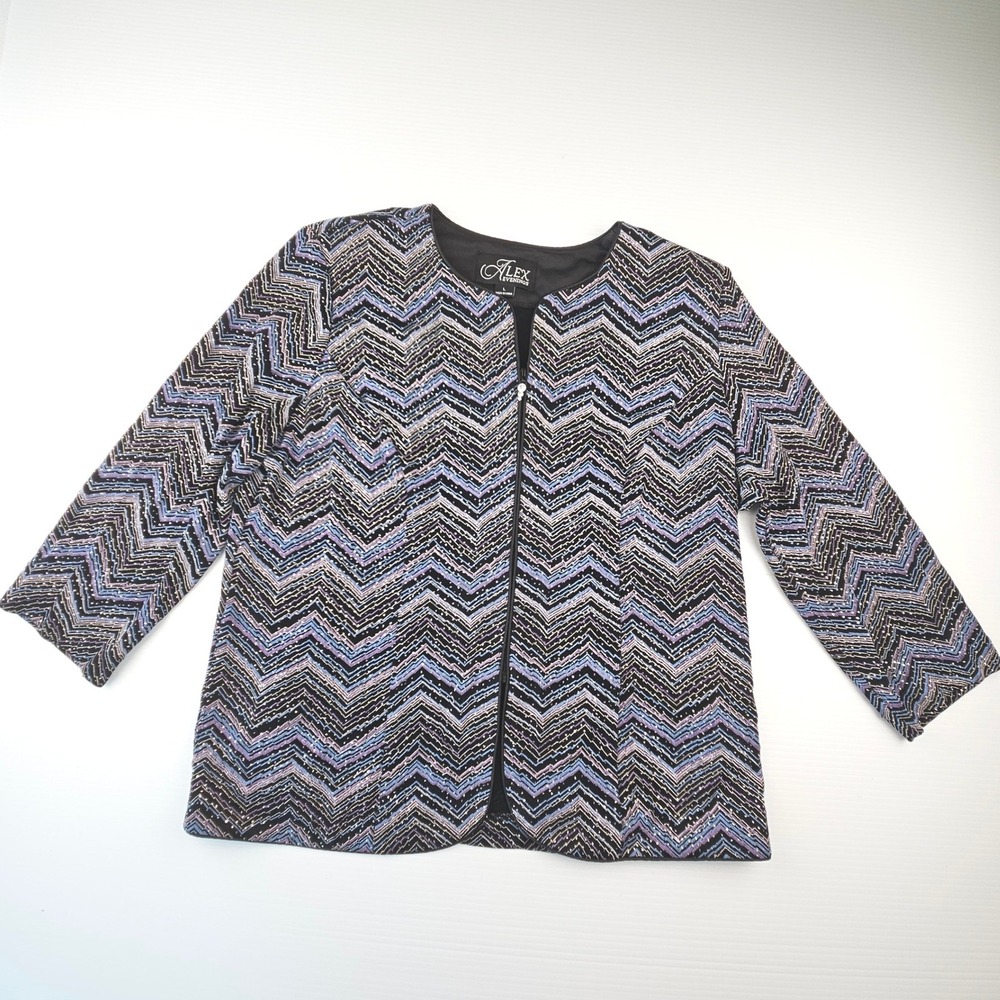 Alex Evenings Vintage Y2K Metallic Chevron Zip Jacket Blue Purple Silver Large